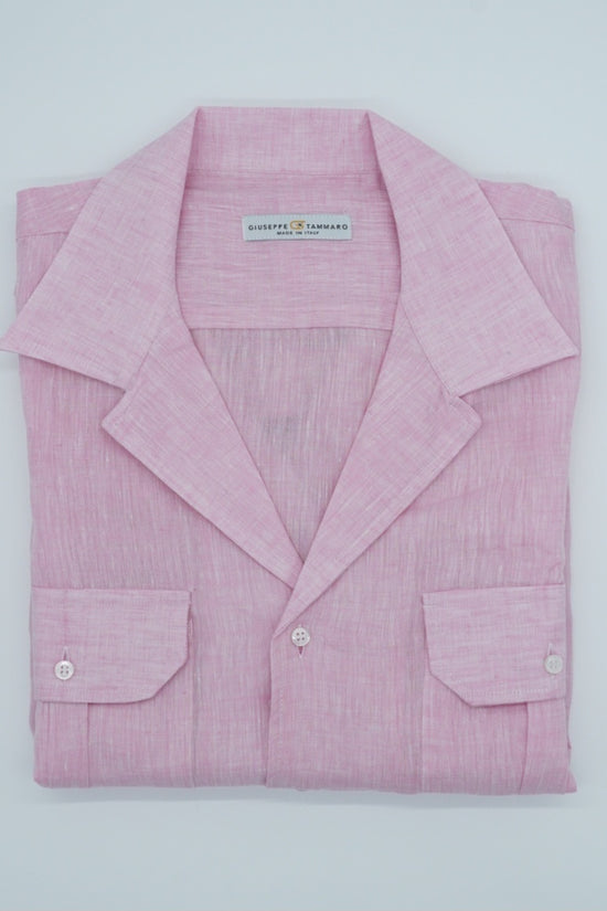 Camicia collo cubano lino rosa con tasche