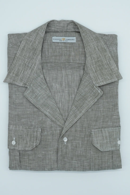 Camicia collo cubano lino verde con tasche