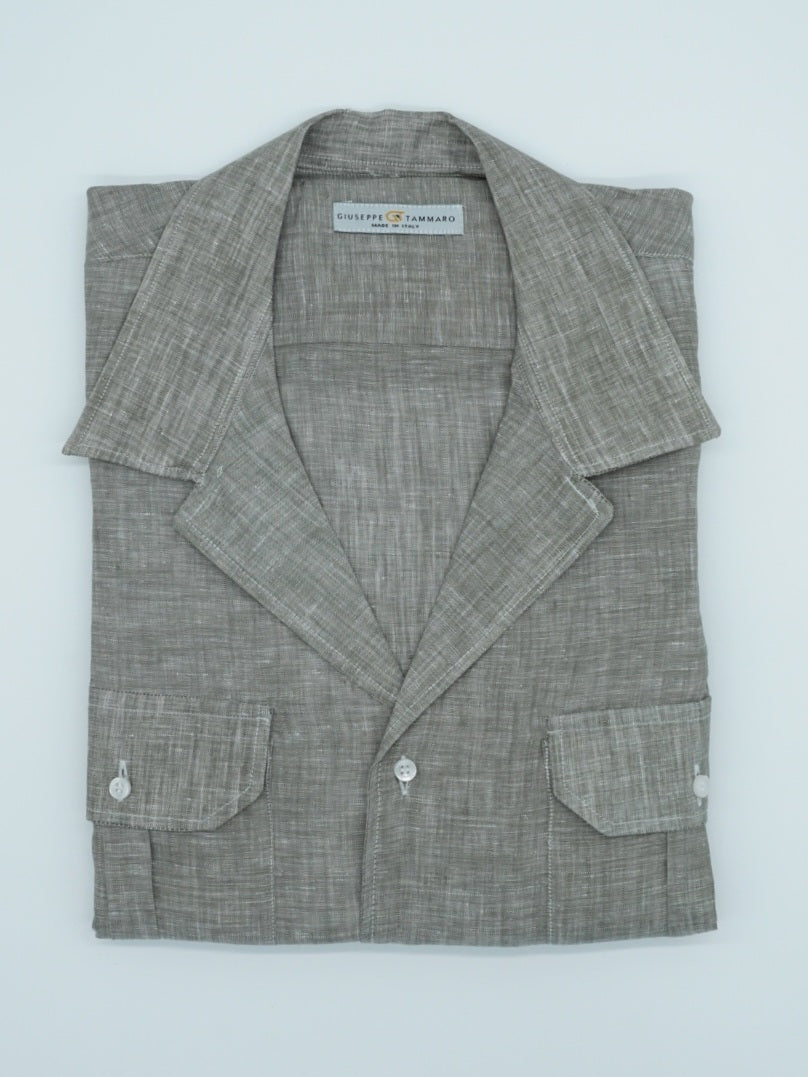 Camicia collo cubano lino verde con tasche