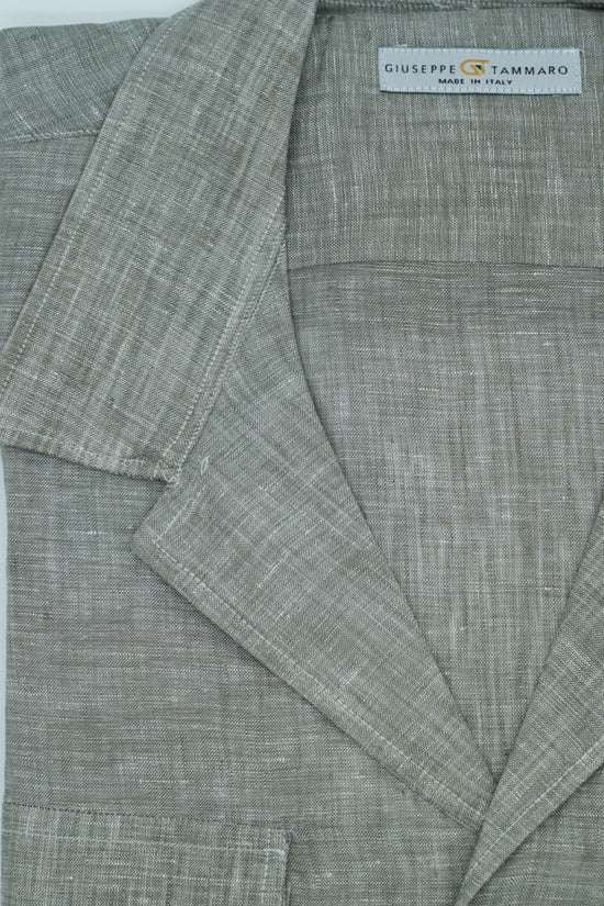 Camicia collo cubano lino verde con tasche