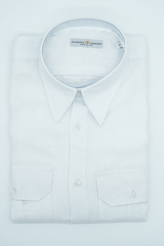 Camicia collo a vela lino bianca con tasche