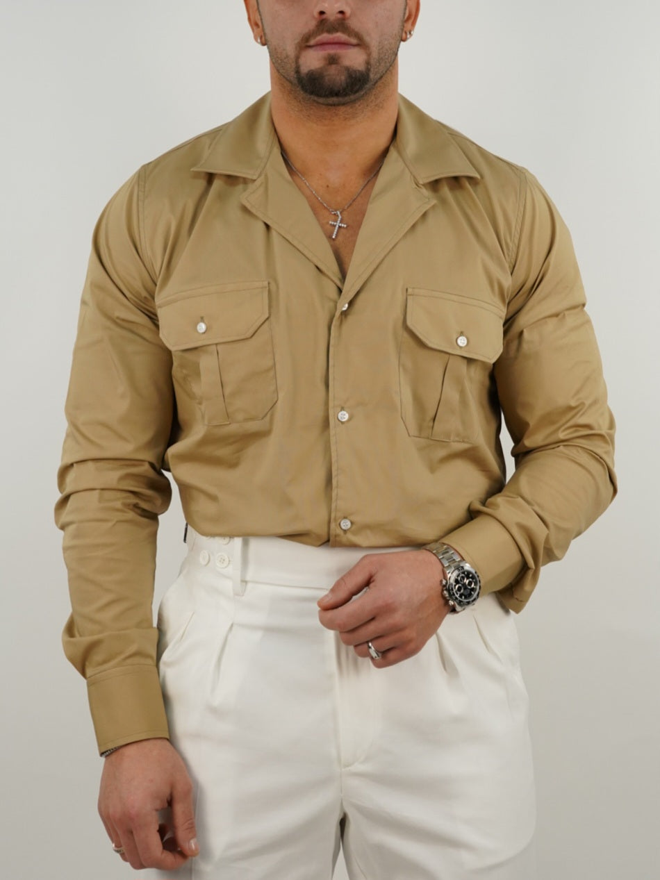 Camicia collo cubano biscotto con tasche