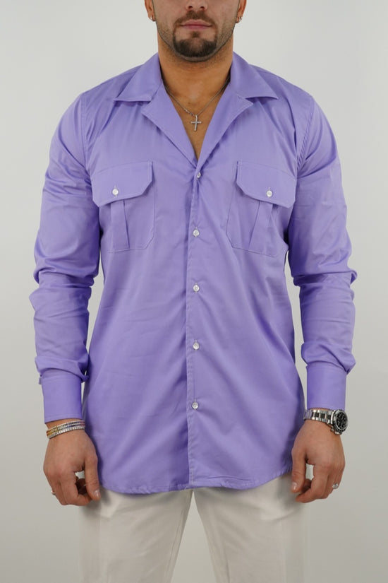 Camicia collo cubano lilla con tasche