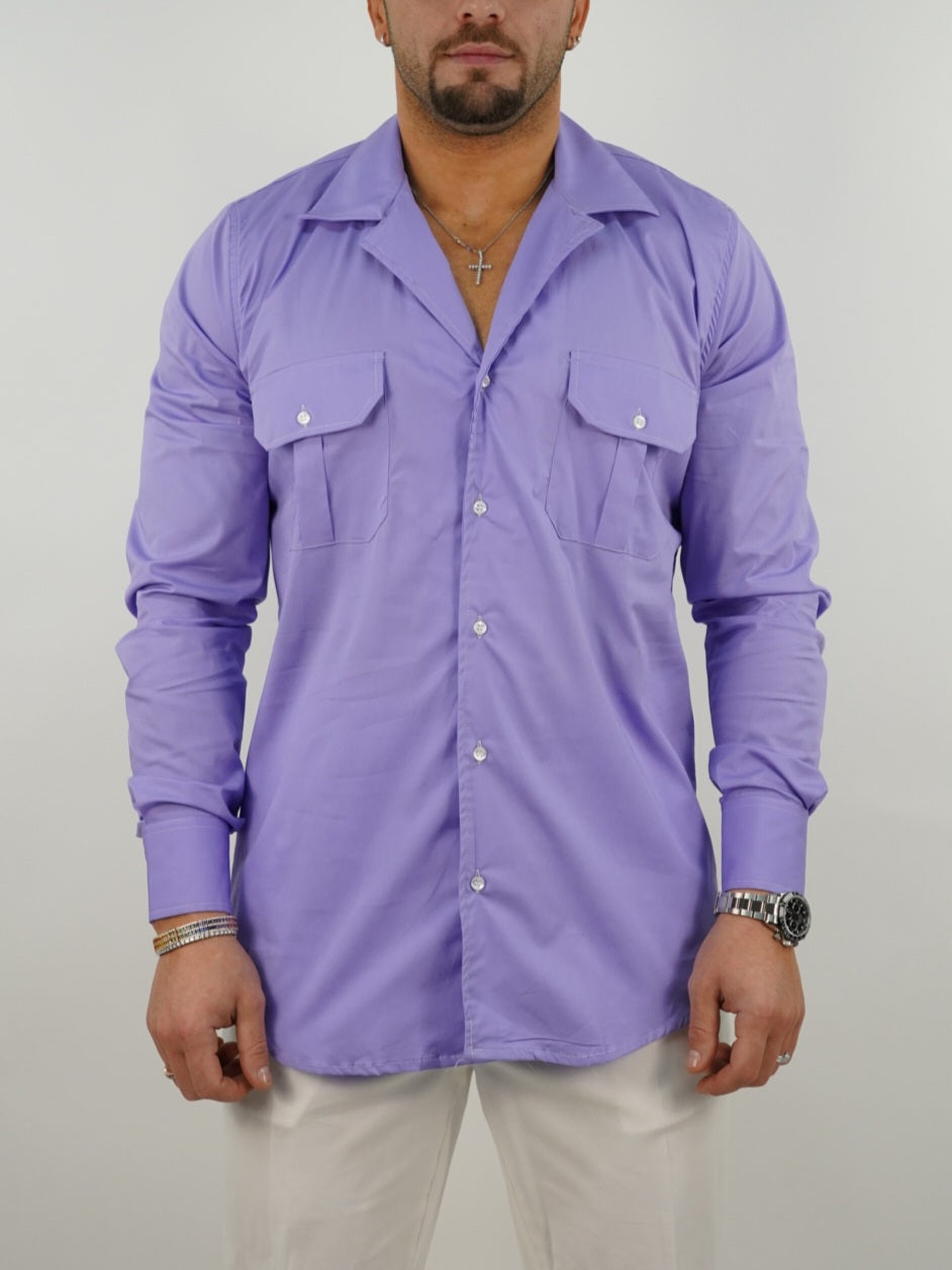 Camicia collo cubano lilla con tasche