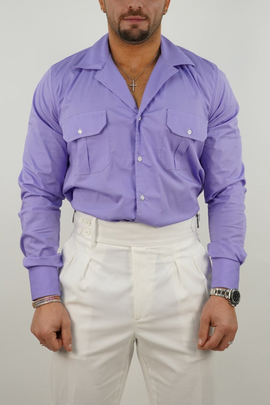 Camicia collo cubano lilla con tasche