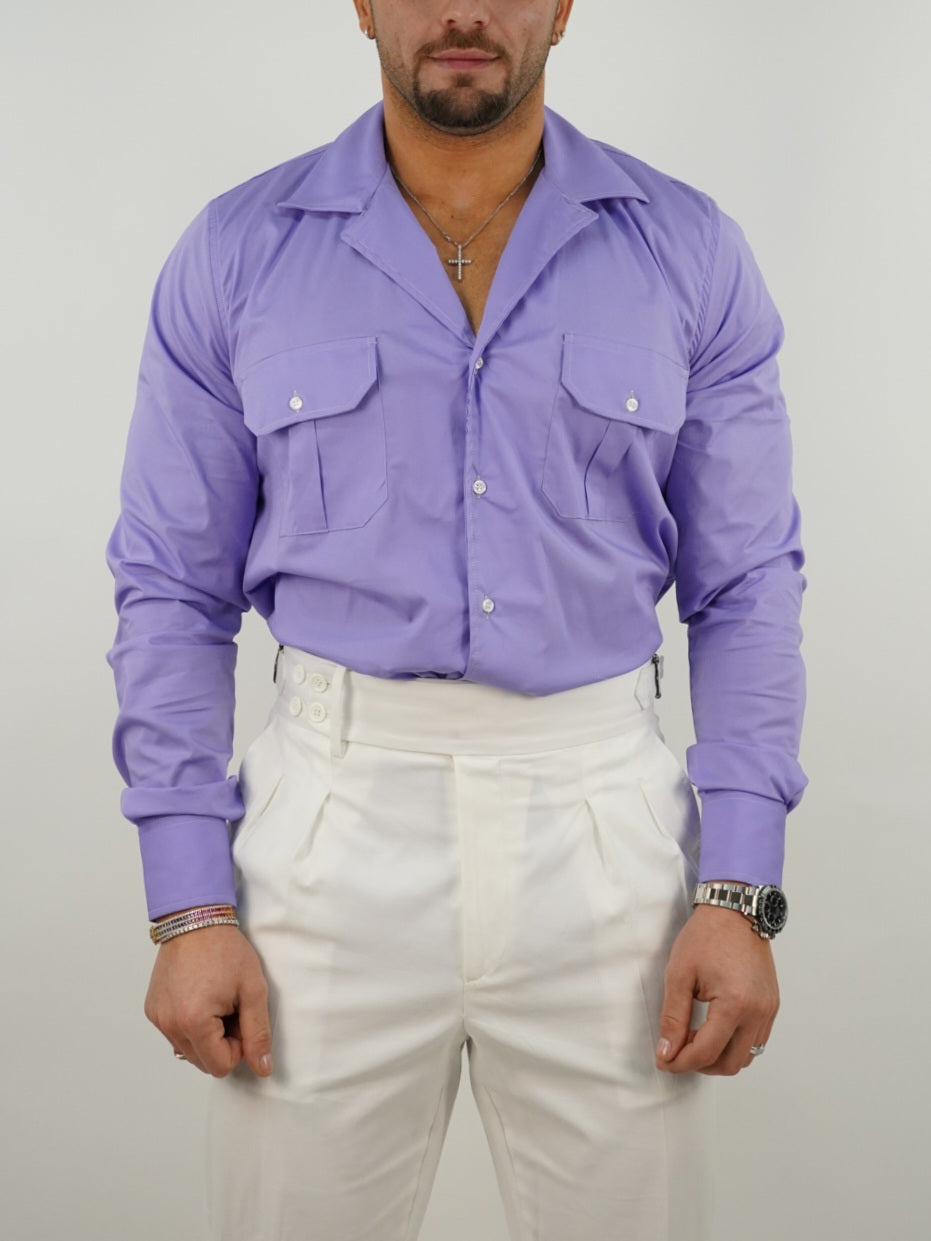 Camicia collo cubano lilla con tasche