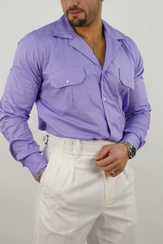 Camicia collo cubano lilla con tasche