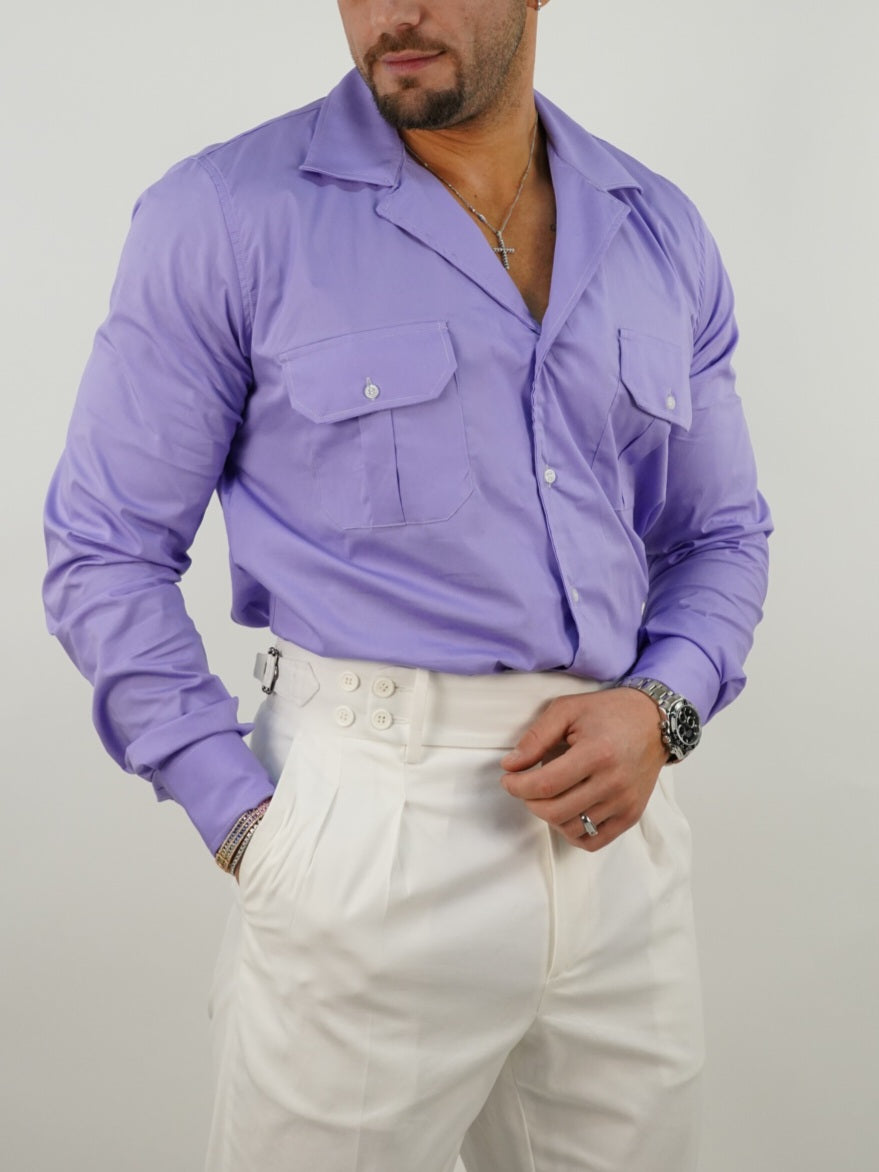 Camicia collo cubano lilla con tasche