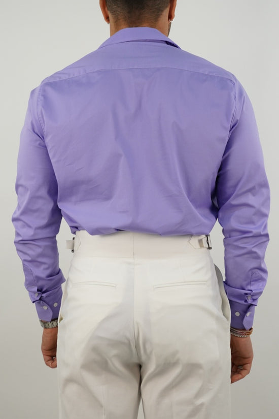 Camicia collo cubano lilla con tasche
