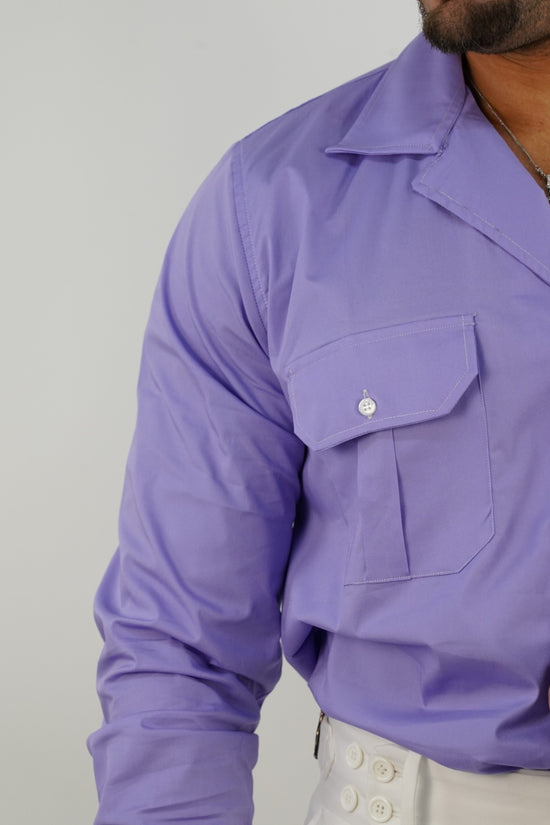 Camicia collo cubano lilla con tasche