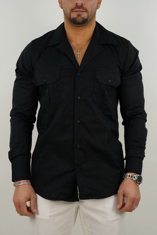 Camicia collo cubano con tasche nera
