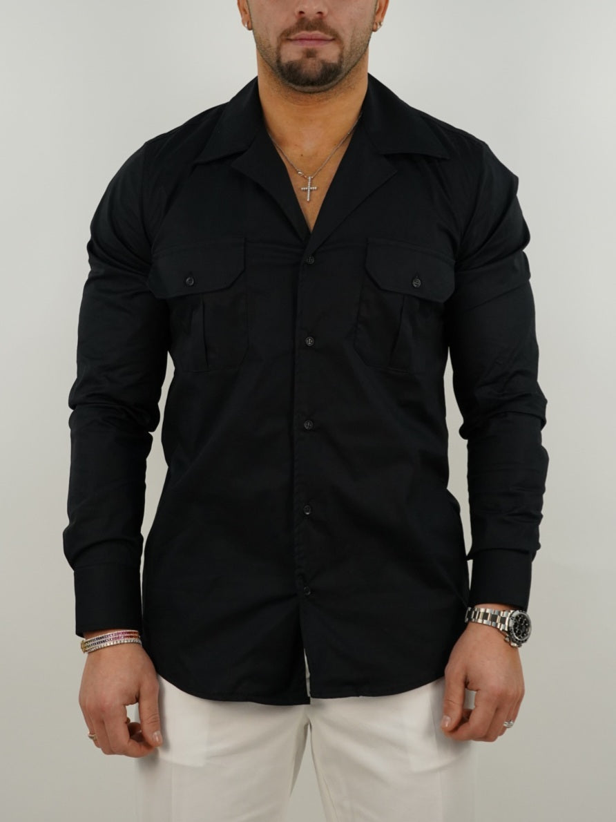 Camicia collo cubano con tasche nera