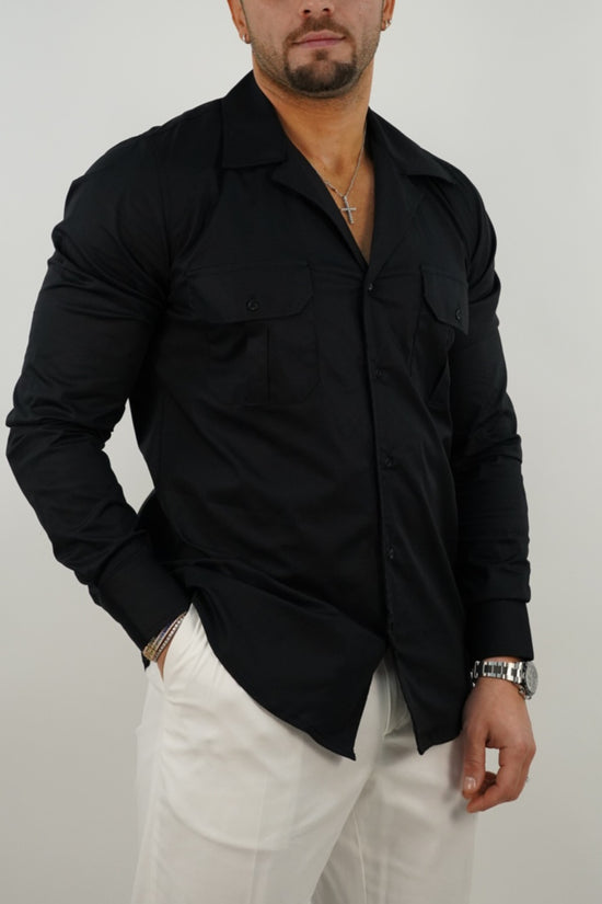 Camicia collo cubano con tasche nera