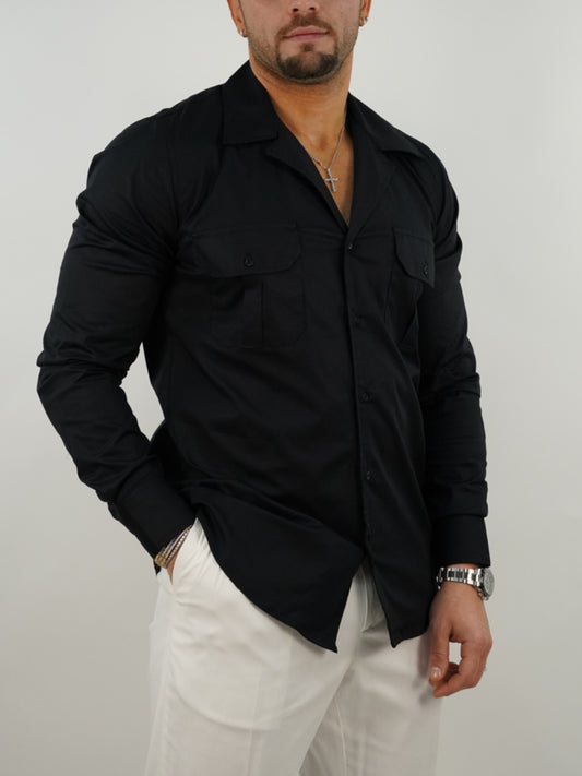 Camicia collo cubano in cotone nero con tasche