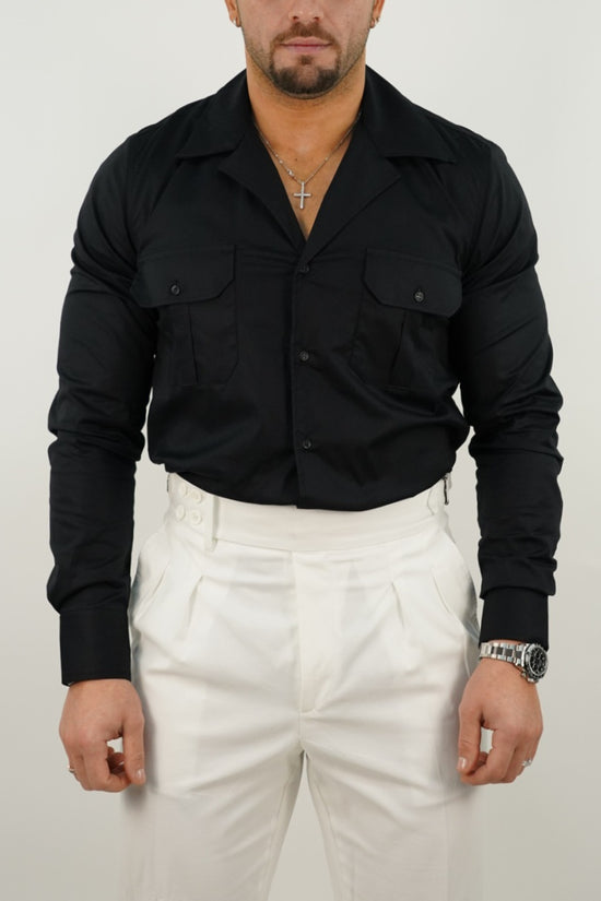 Camicia collo cubano con tasche nera