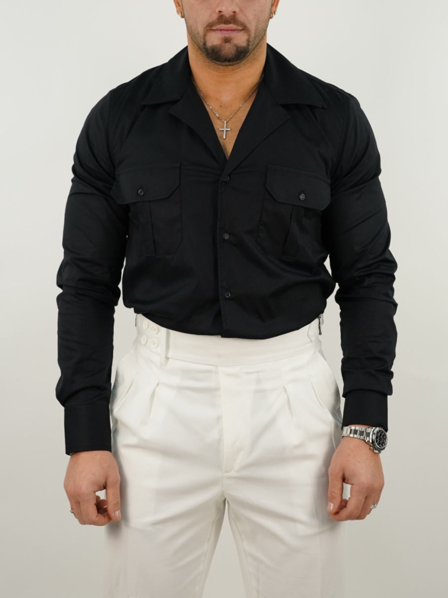 Camicia collo cubano con tasche nera