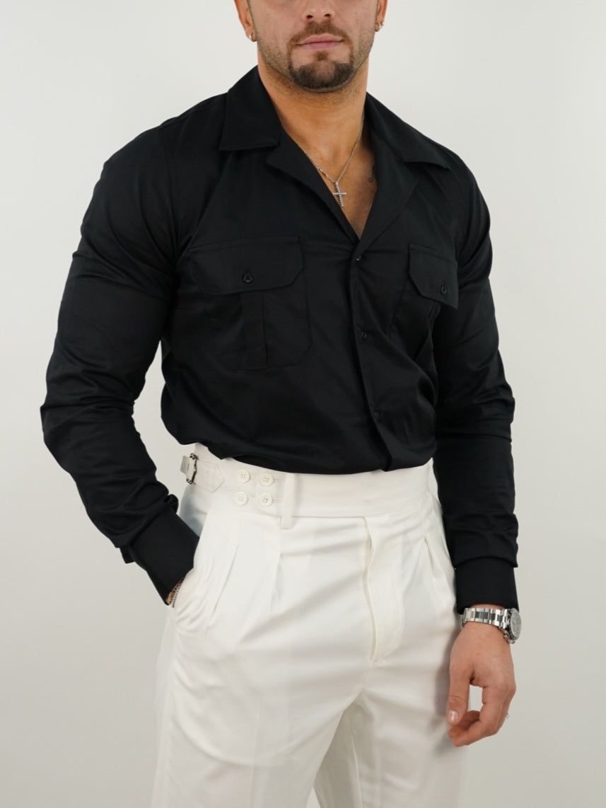 Camicia collo cubano con tasche nera