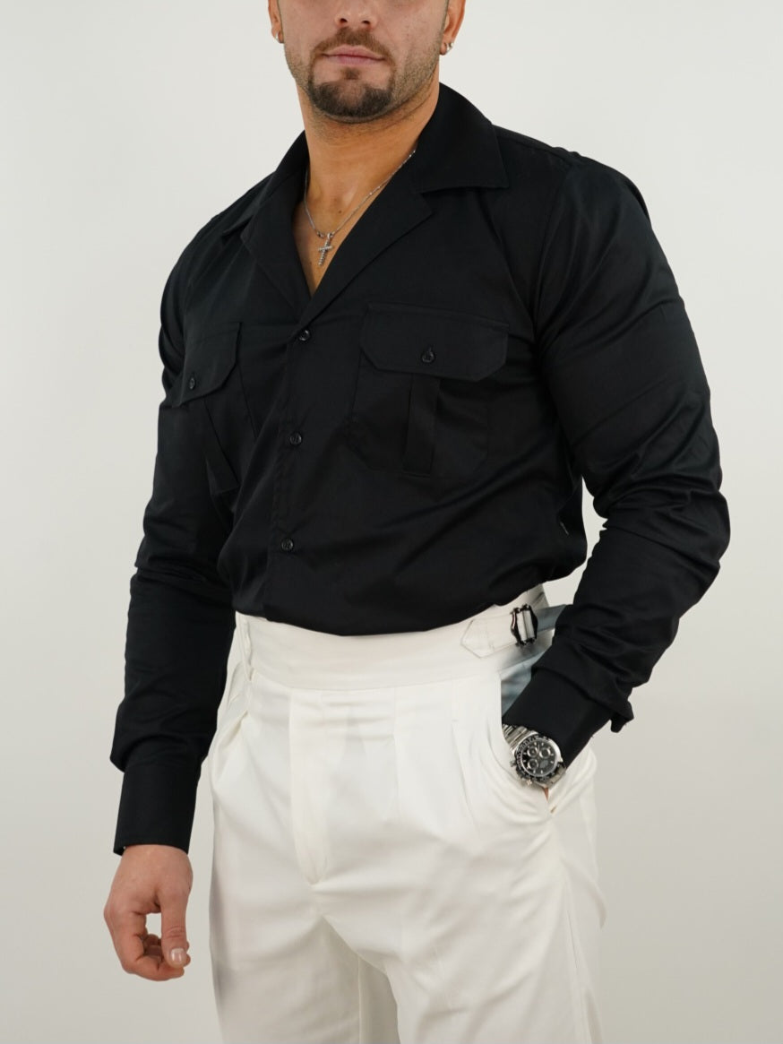 Camicia collo cubano con tasche nera