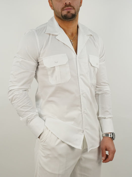 Camicia collo cubano in cotone bianco con tasche