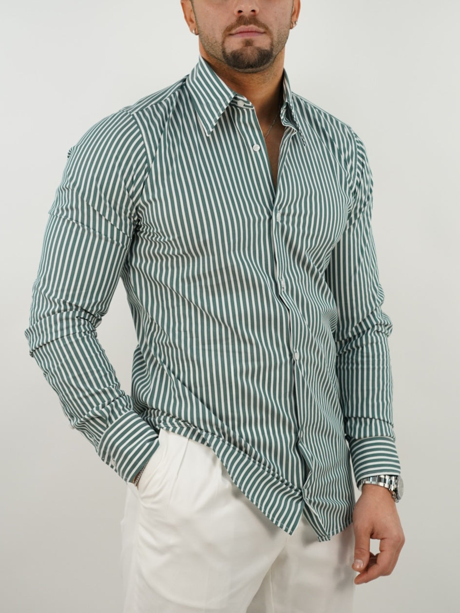 Camicia collo a vela righe verde