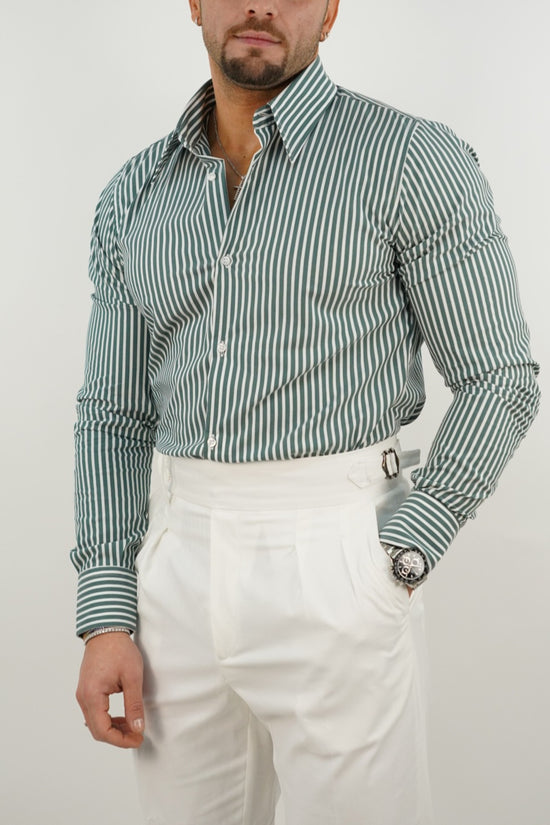 Camicia collo a vela righe verde