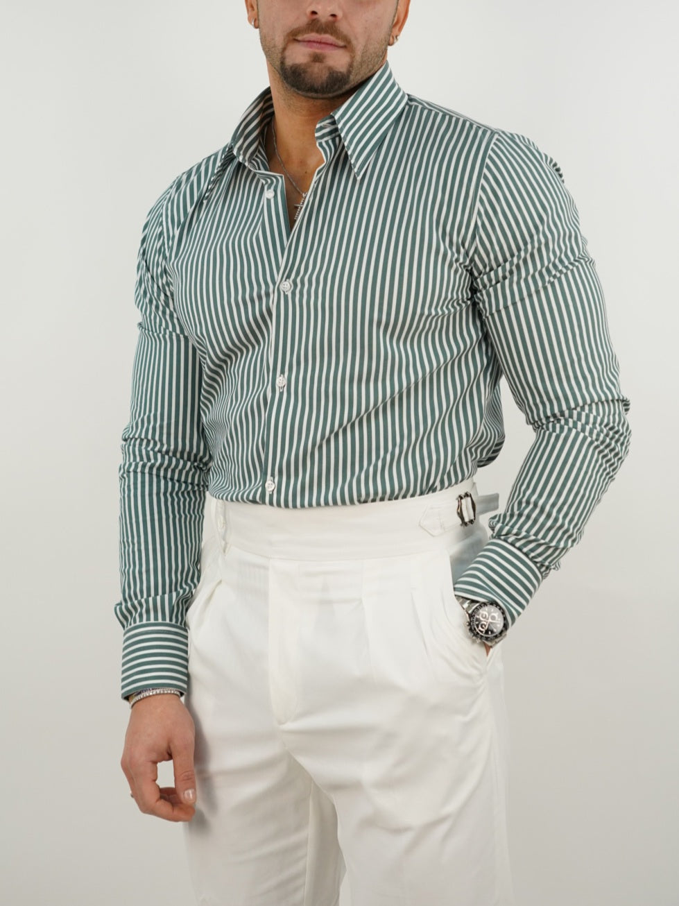 Camicia collo a vela righe verde