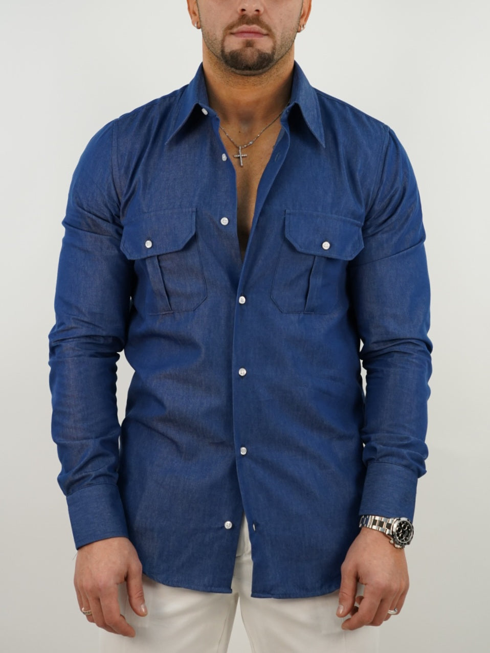 Camicia collo a vela jeans lavaggio scuro con tasche