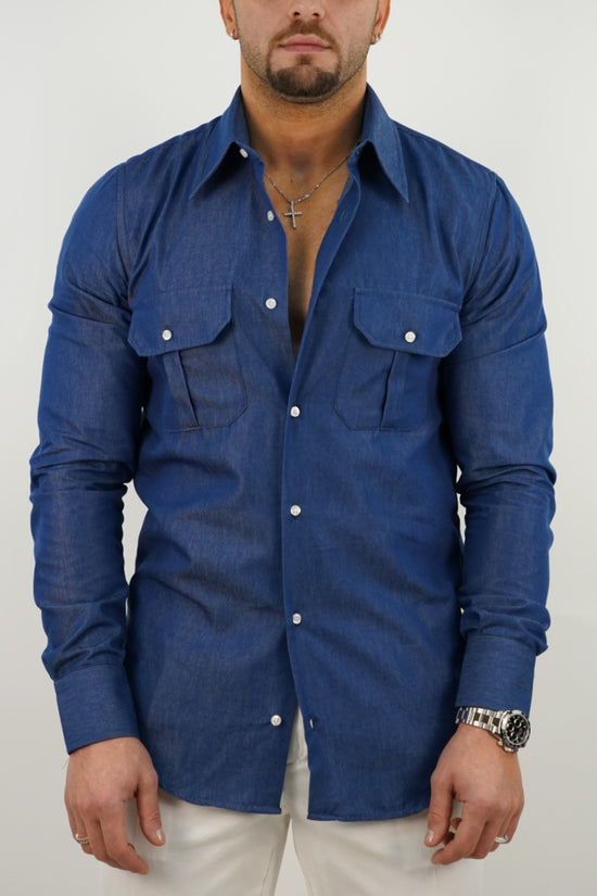 Camicia collo a vela jeans lavaggio scuro con tasche