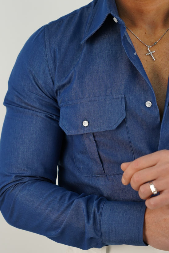 Camicia collo a vela jeans lavaggio scuro con tasche