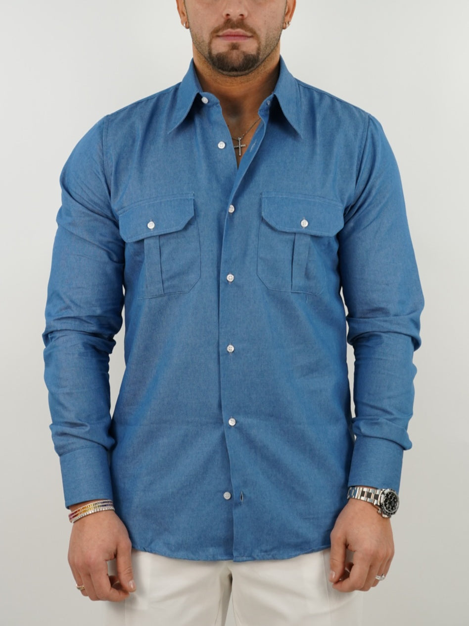 Camicia collo a vela jeans lavaggio chiaro con tasche