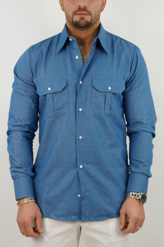Camicia collo a vela jeans lavaggio chiaro con tasche