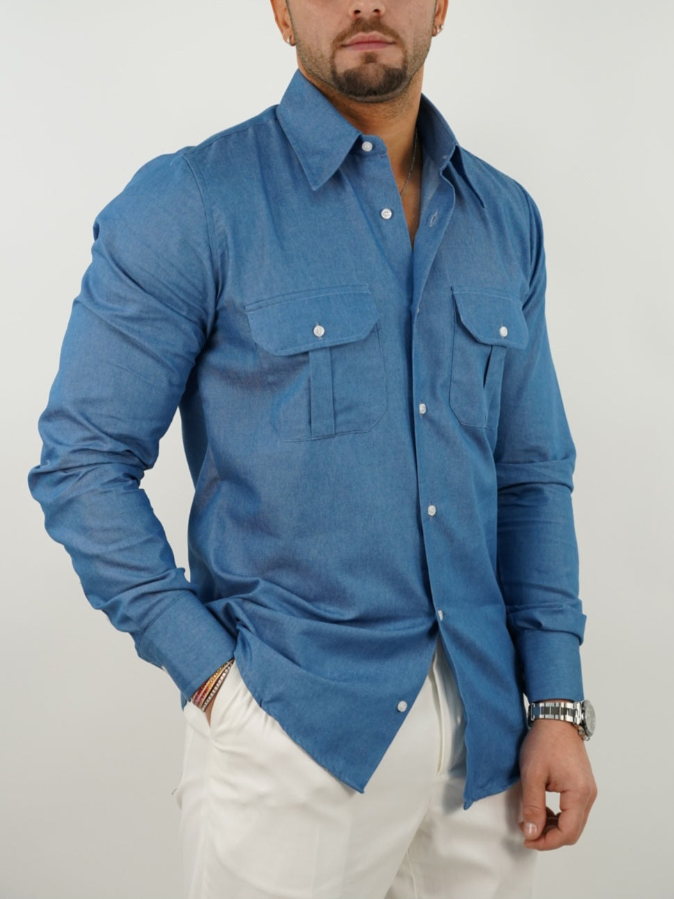 Camicia collo a vela jeans lavaggio chiaro con tasche