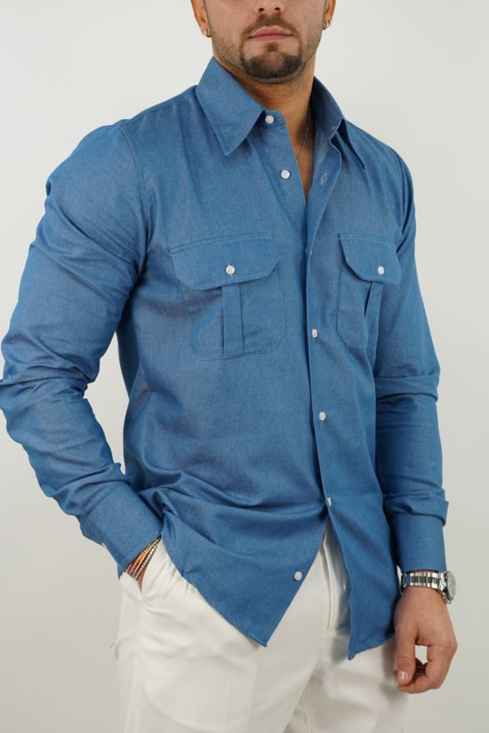 Camicia collo a vela jeans lavaggio chiaro con tasche