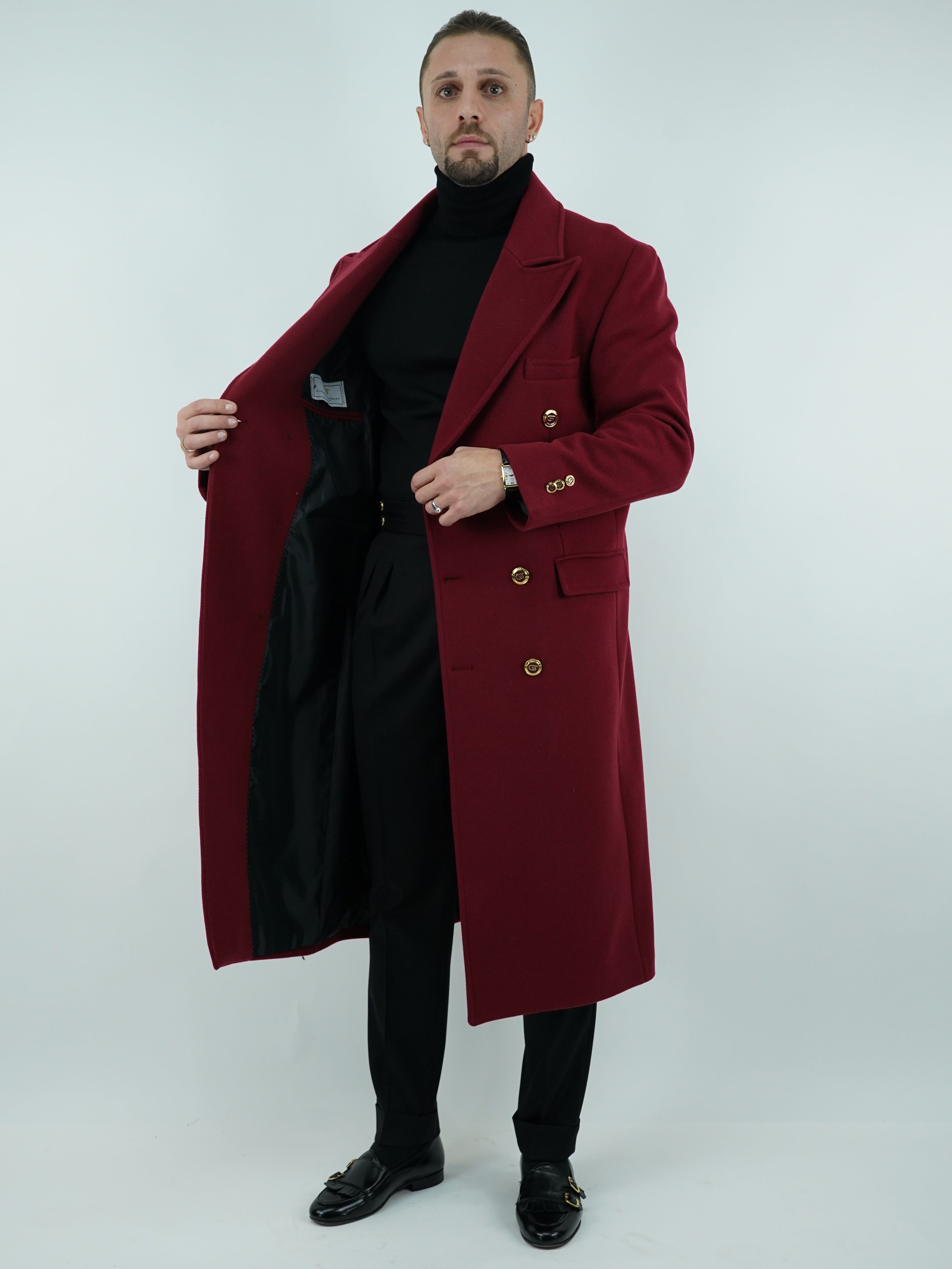 Cappotto Raglan Diagonale Rubino con bottoni oro