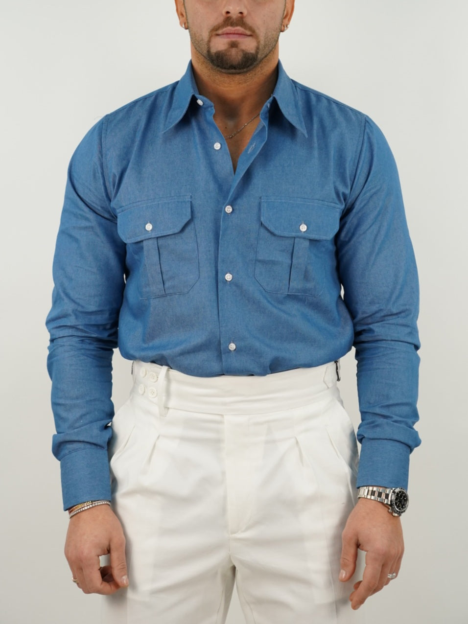 Camicia collo a vela jeans lavaggio chiaro con tasche
