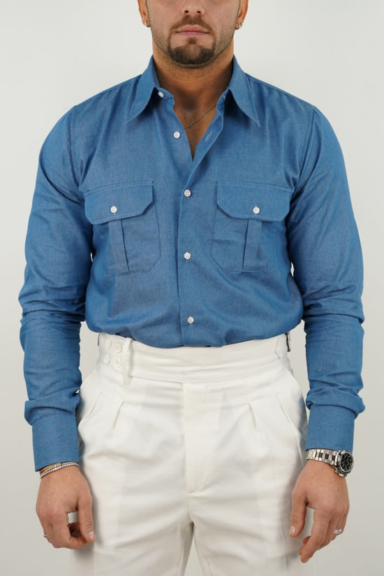 Camicia collo a vela jeans lavaggio chiaro con tasche