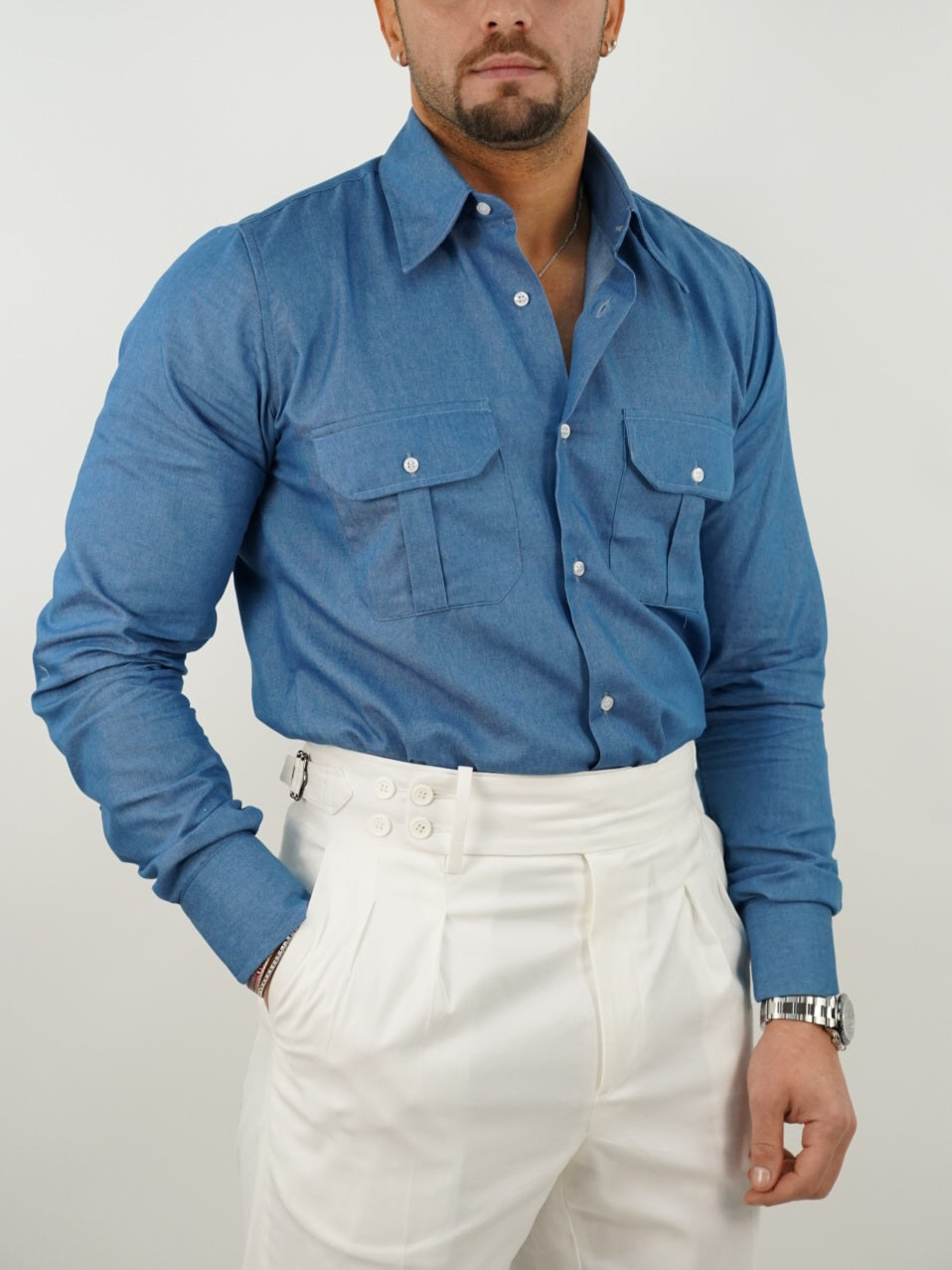 Camicia collo a vela jeans lavaggio chiaro con tasche