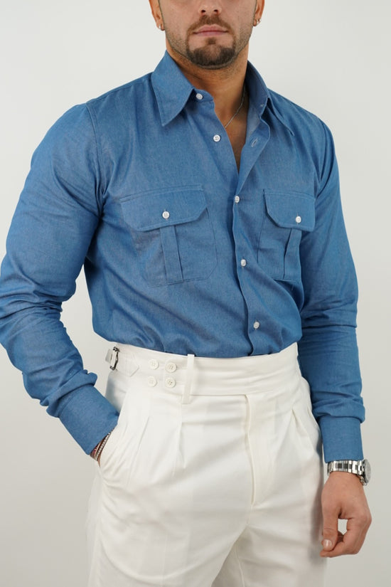 Camicia collo a vela jeans lavaggio chiaro con tasche