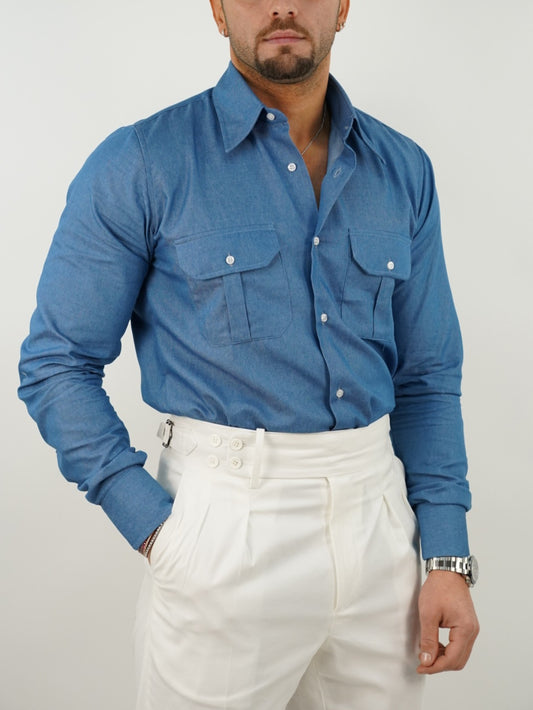 Camicia collo a vela jeans lavaggio chiaro con tasche