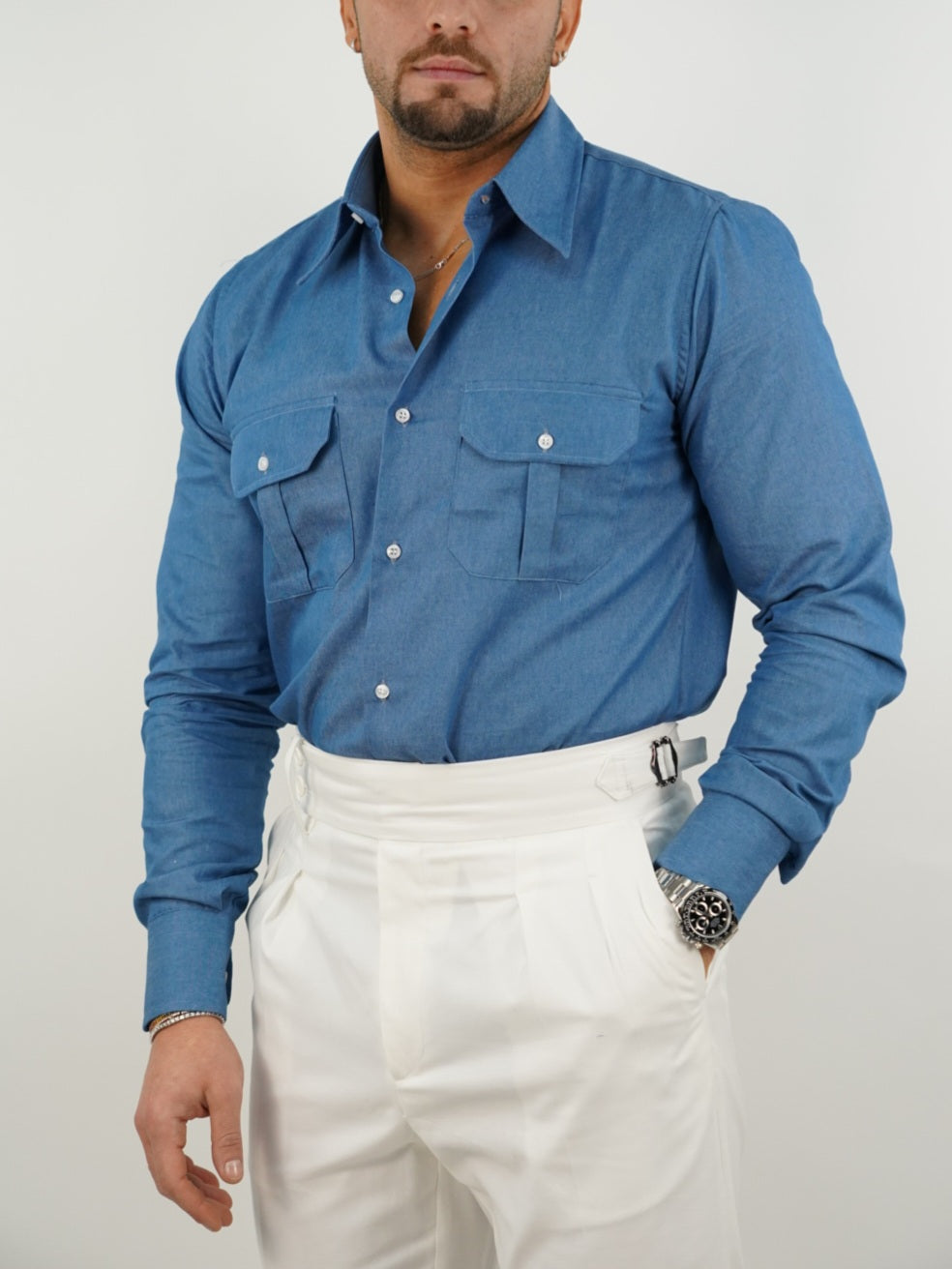 Camicia collo a vela jeans lavaggio chiaro con tasche