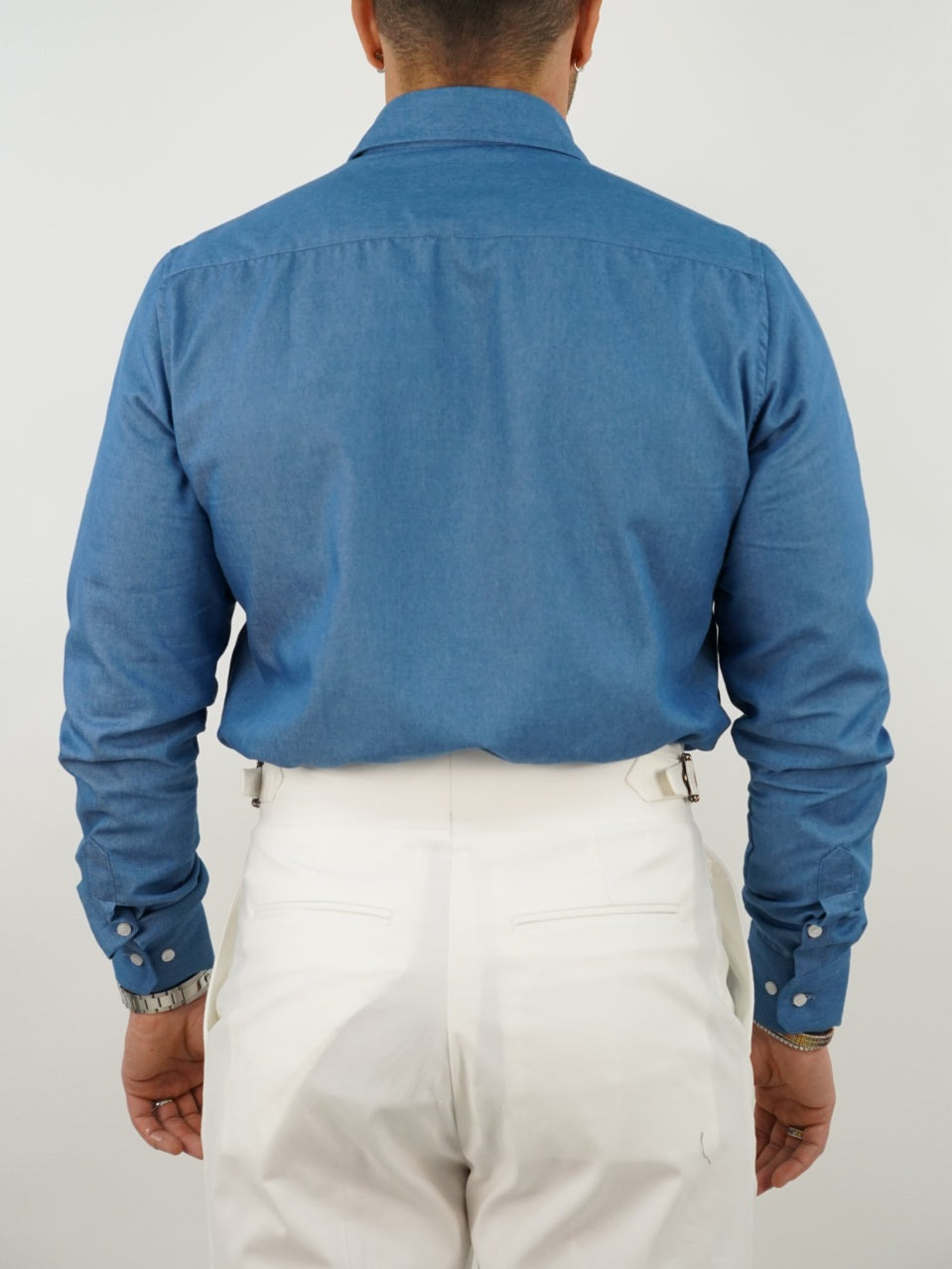 Camicia collo a vela jeans lavaggio chiaro con tasche