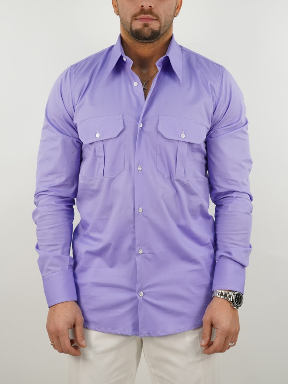 Camicia collo a vela lilla con tasche
