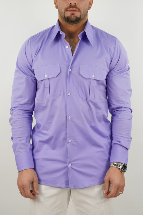 Camicia collo a vela lilla con tasche
