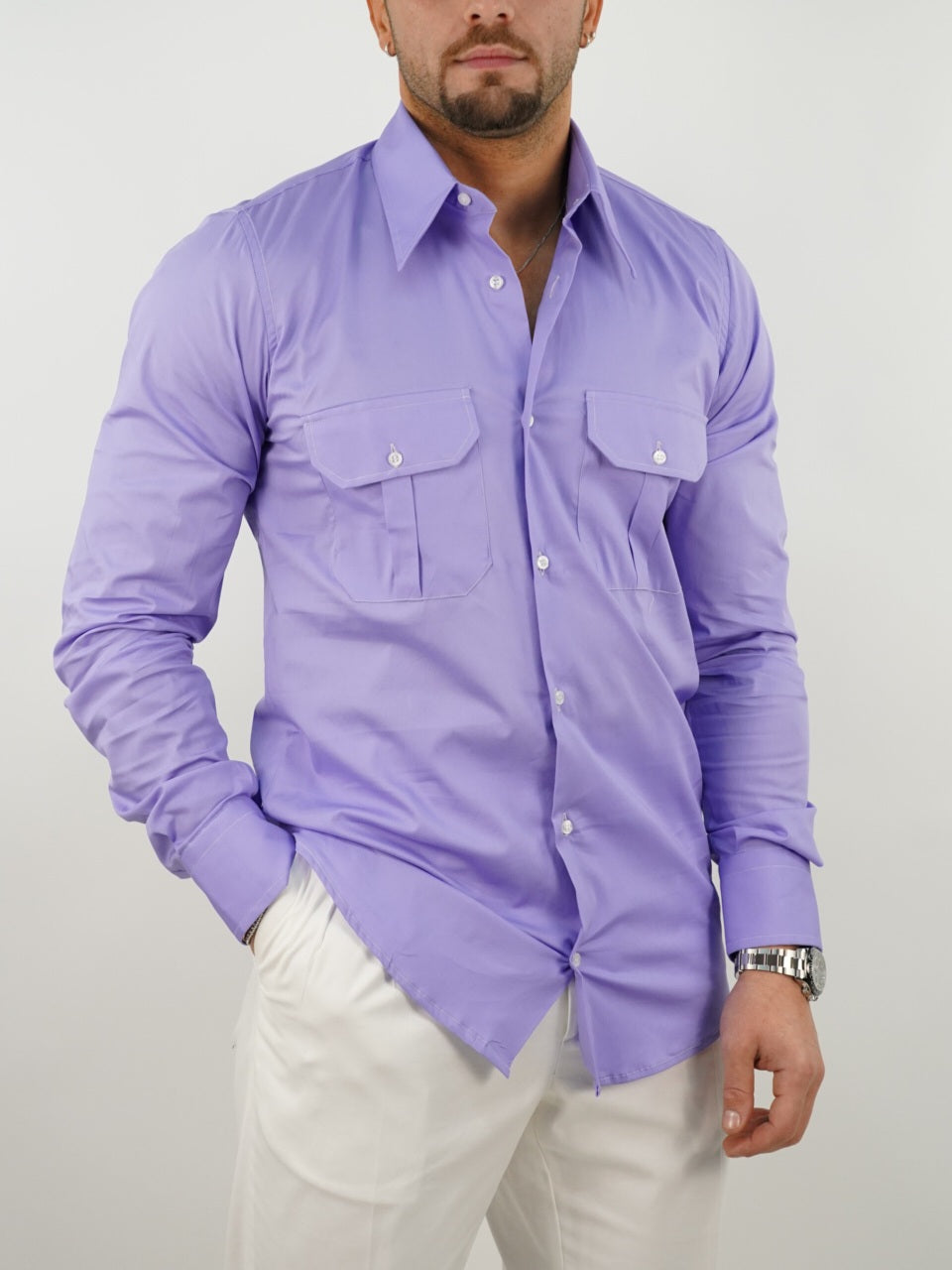 Camicia collo a vela lilla con tasche