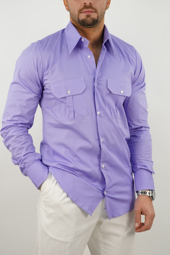 Camicia collo a vela lilla con tasche