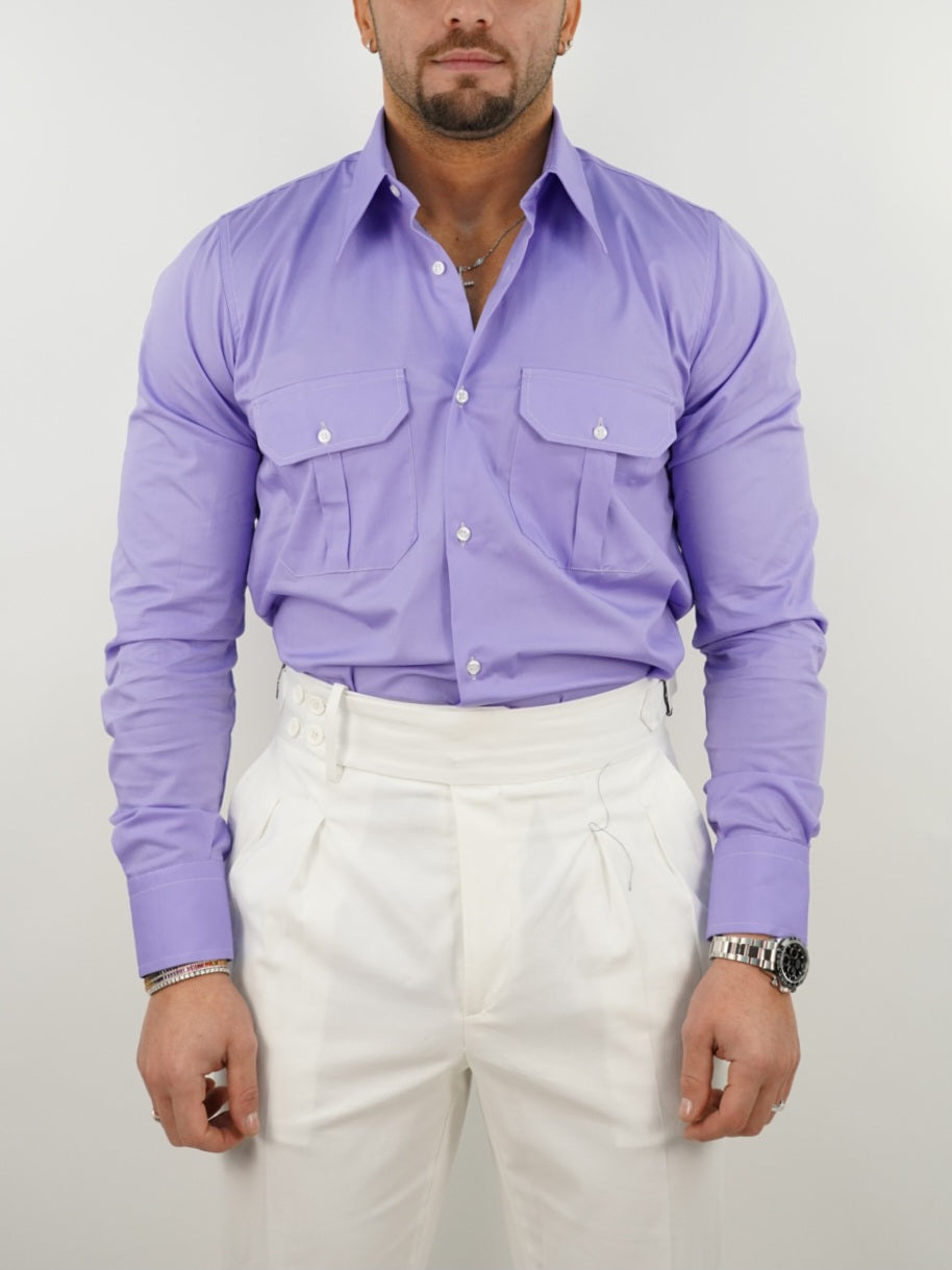 Camicia collo a vela lilla con tasche