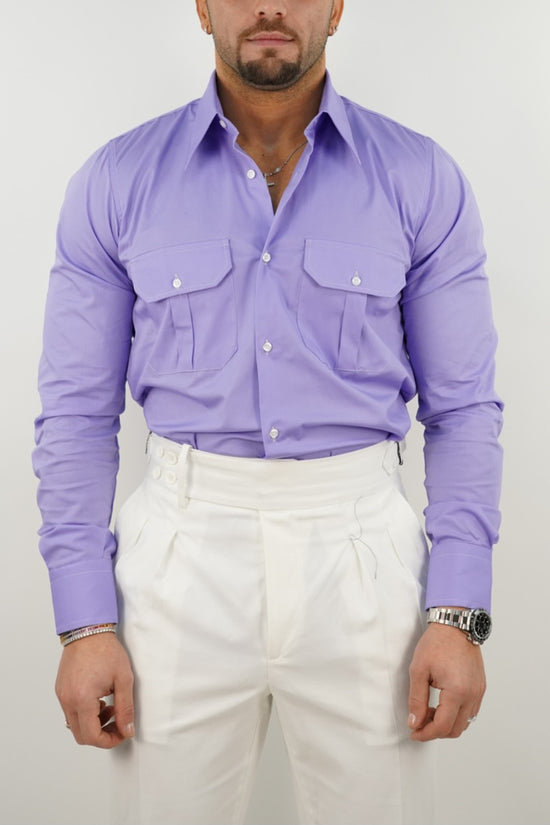 Camicia collo a vela lilla con tasche