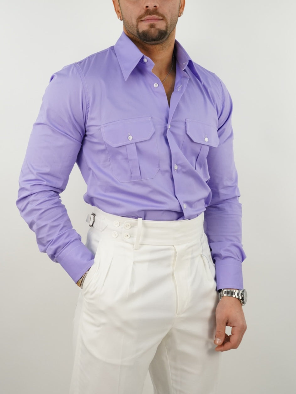 Camicia collo a vela lilla con tasche