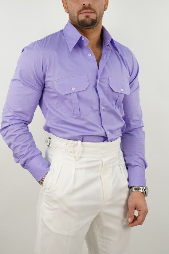 Camicia collo a vela lilla con tasche