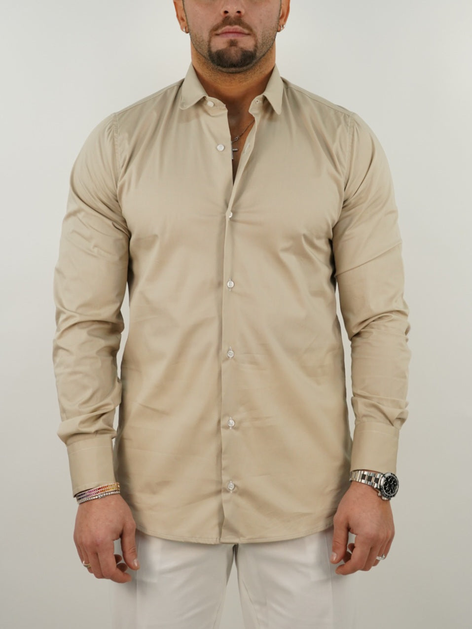 Camicia collo club beige